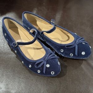 Janie & Jack Navy Velvet Mary Jane Flats with Rhinestones